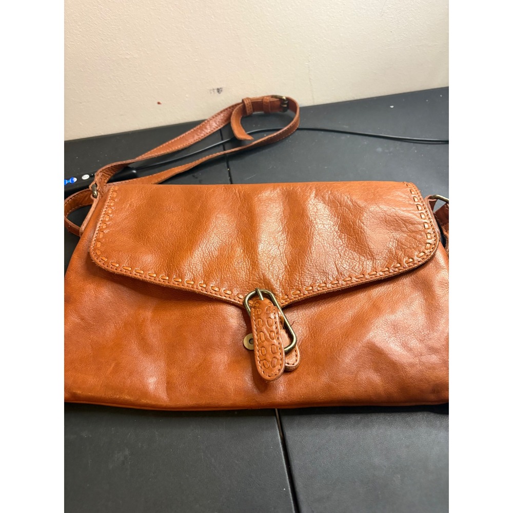 Cognac Brown Genuine Leather Whipstitch Crossbody Bag Boho Messenger RN 75343